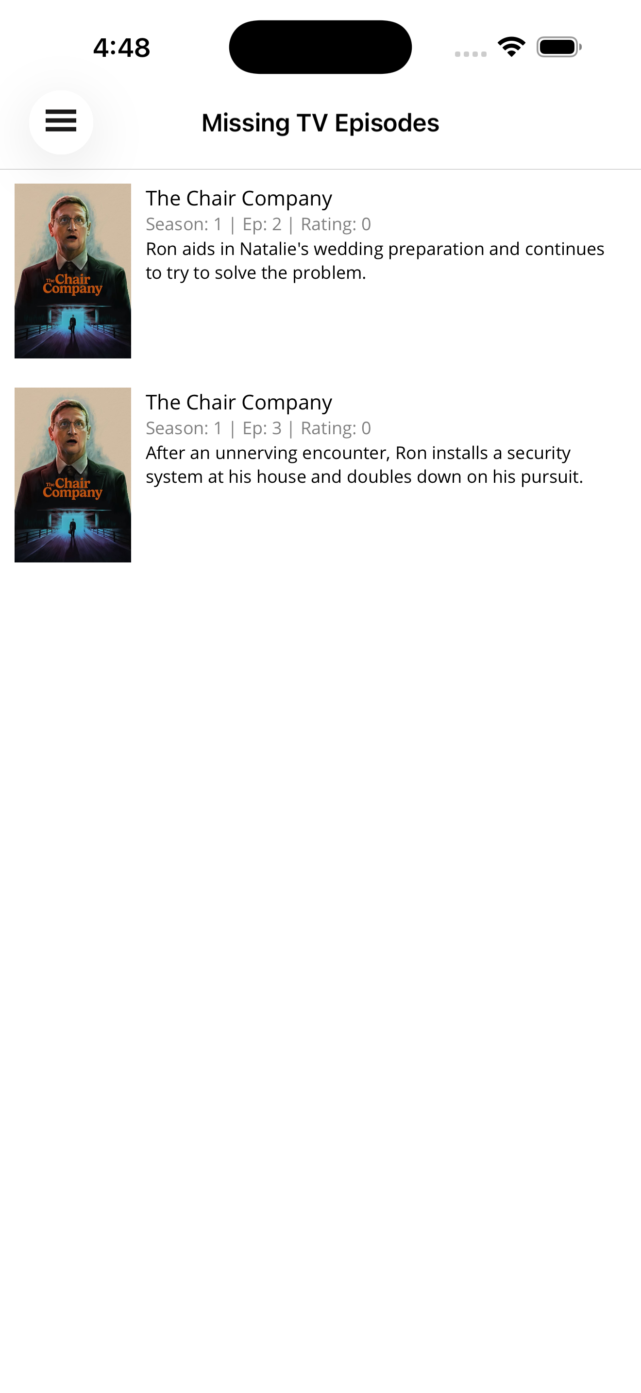 Missing TV Episodes screen