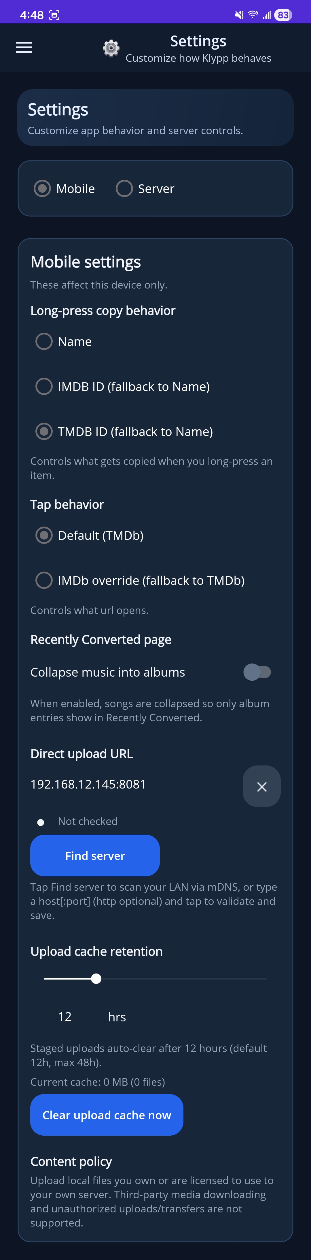 Klypp mobile app Mobile Settings page showing Direct Upload URL and device-specific preferences