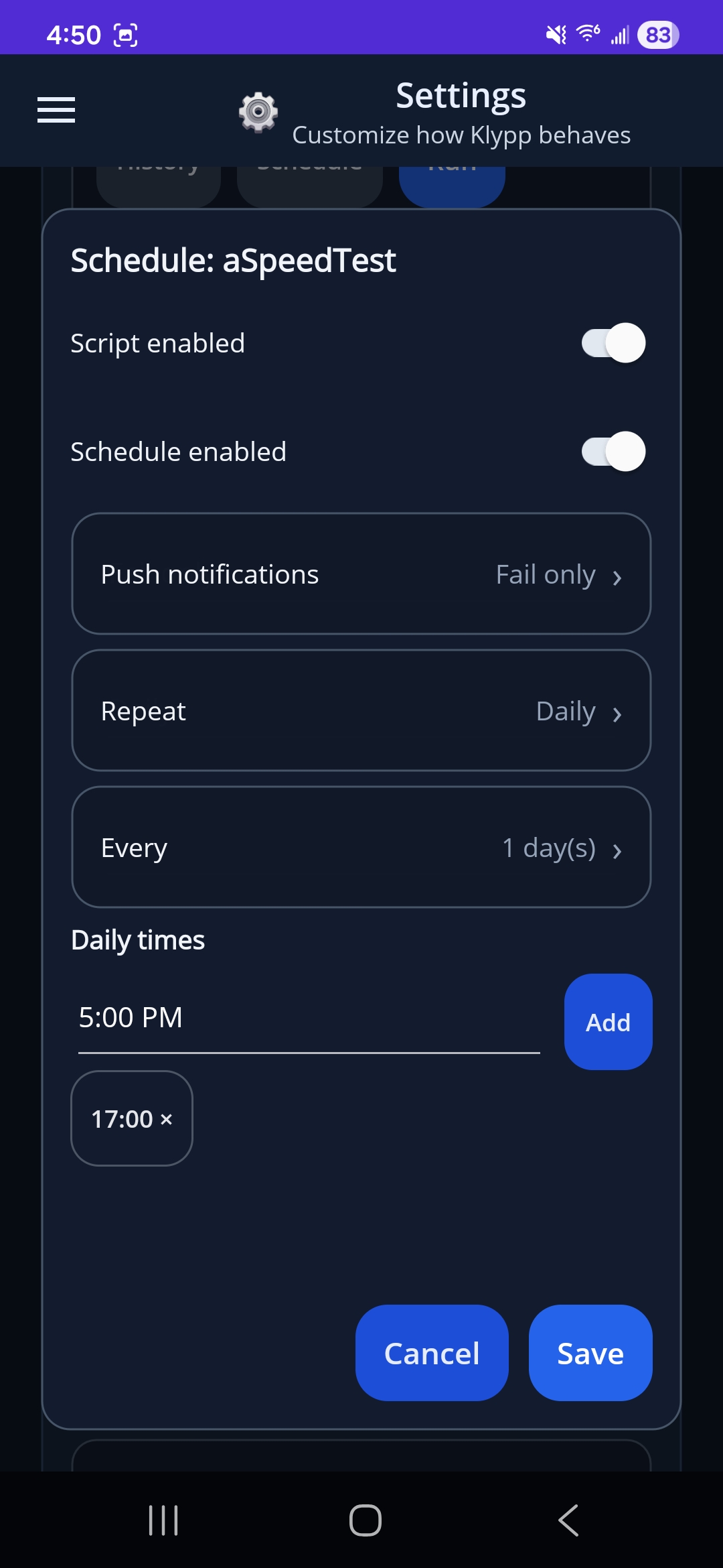 Klypp mobile app script schedule editor with scheduling and push-notification controls