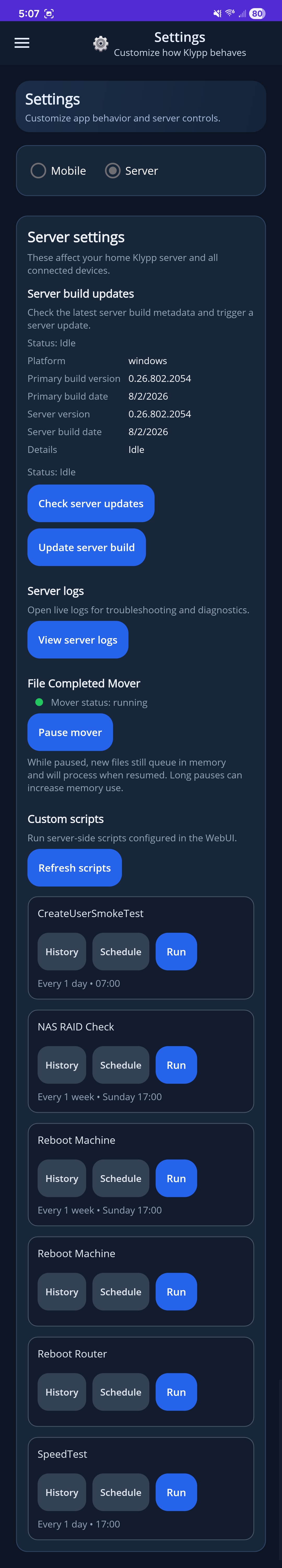 Klypp mobile app showing the Server Settings page, including File Completed Mover controls and custom scripts
