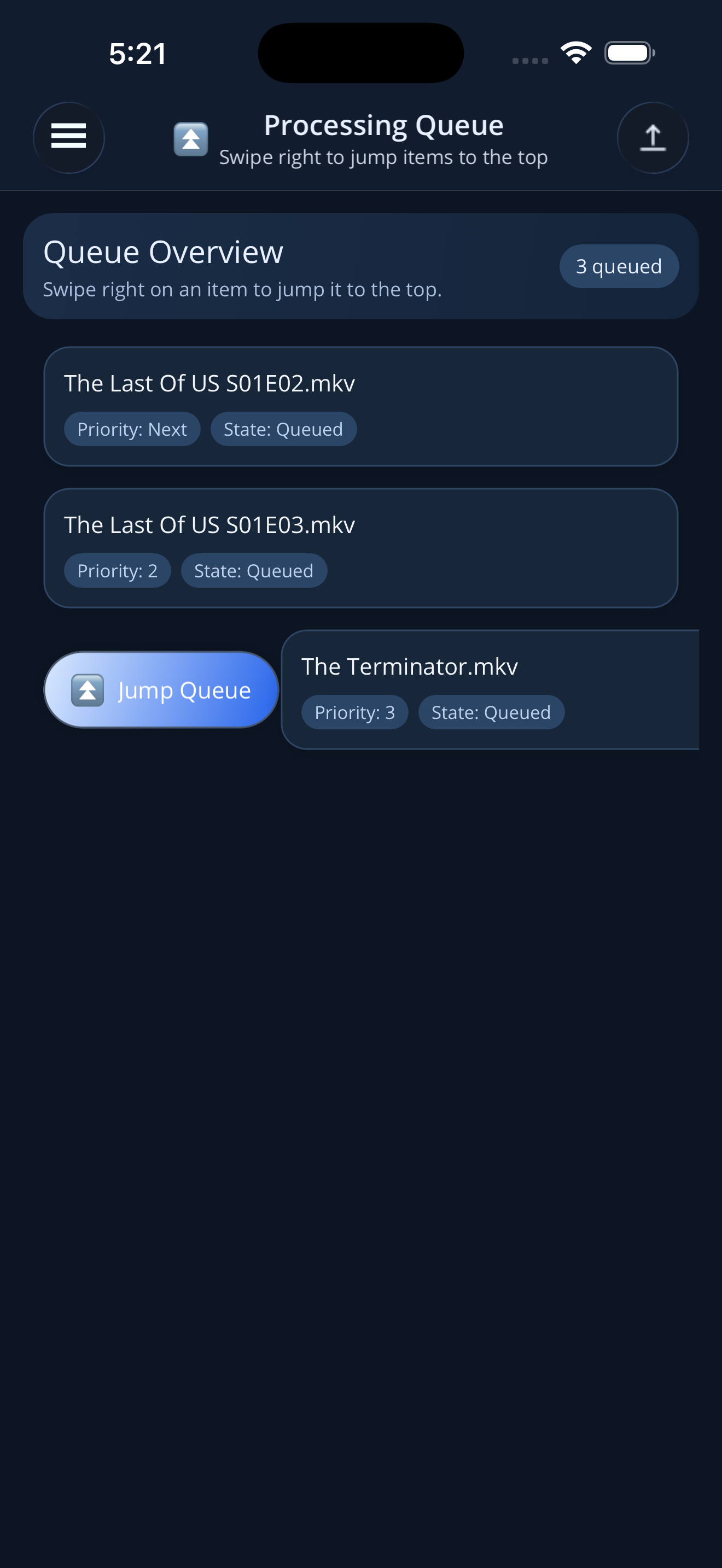 Processing Queue screen