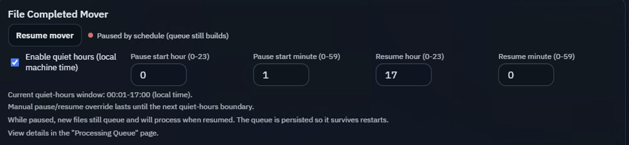 Klypp Server File Completed Mover settings showing quiet hours and mover status
