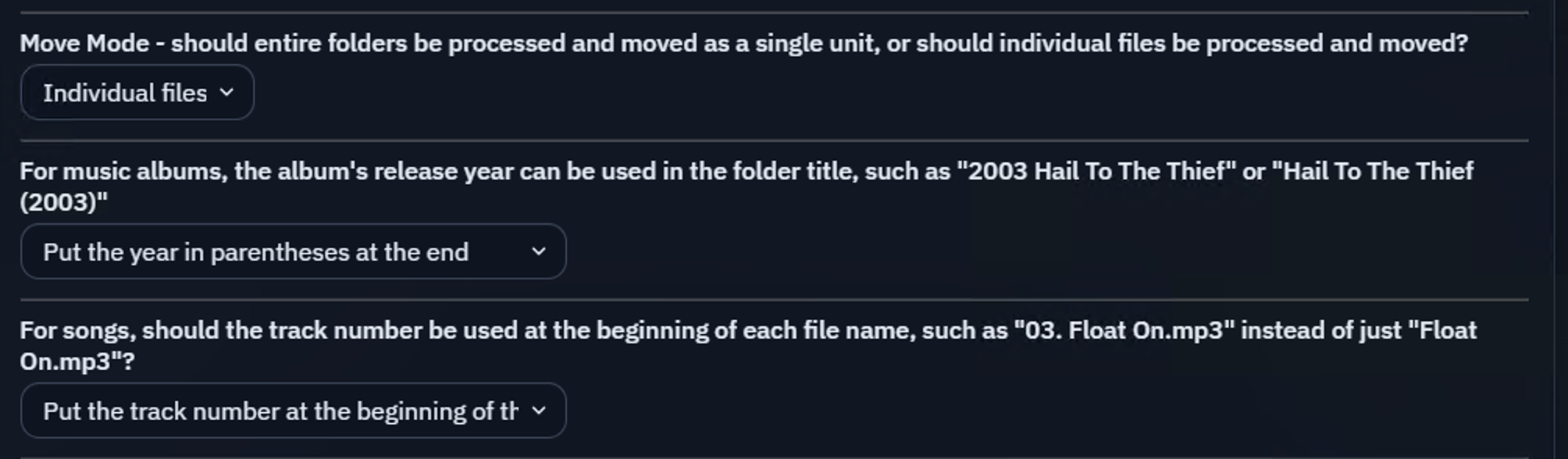 Klypp Server media organization settings for move mode, album-year naming, and track-number naming
