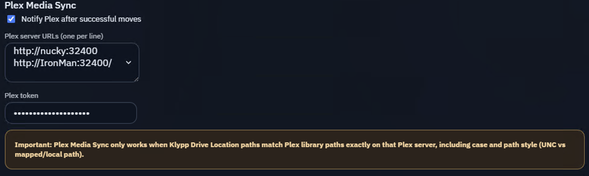 Klypp Server Plex Media Sync settings for Plex server URLs and token