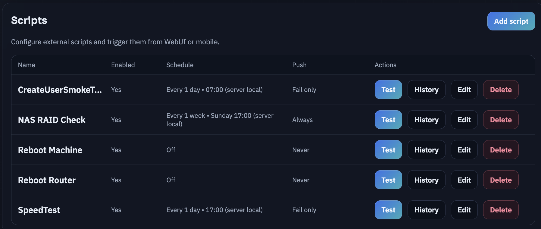 Klypp Server scripts settings showing scheduled scripts and script actions