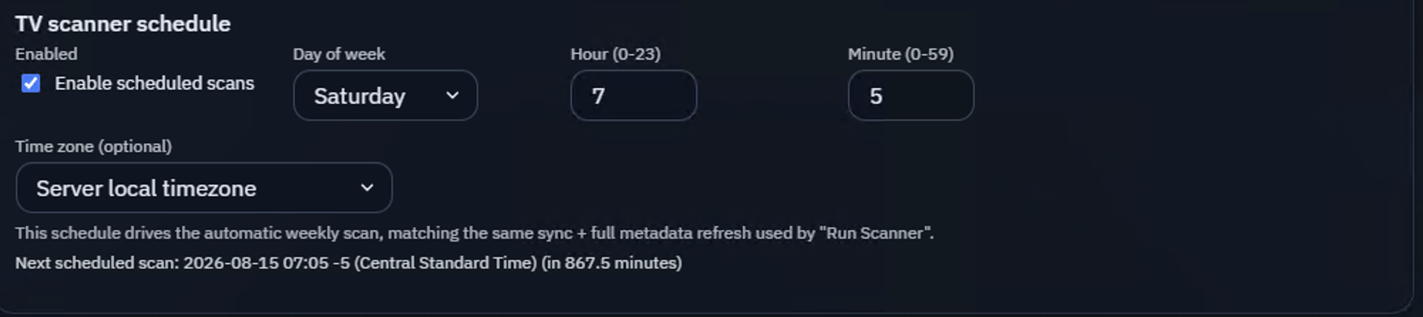 Klypp Server TV scanner schedule settings