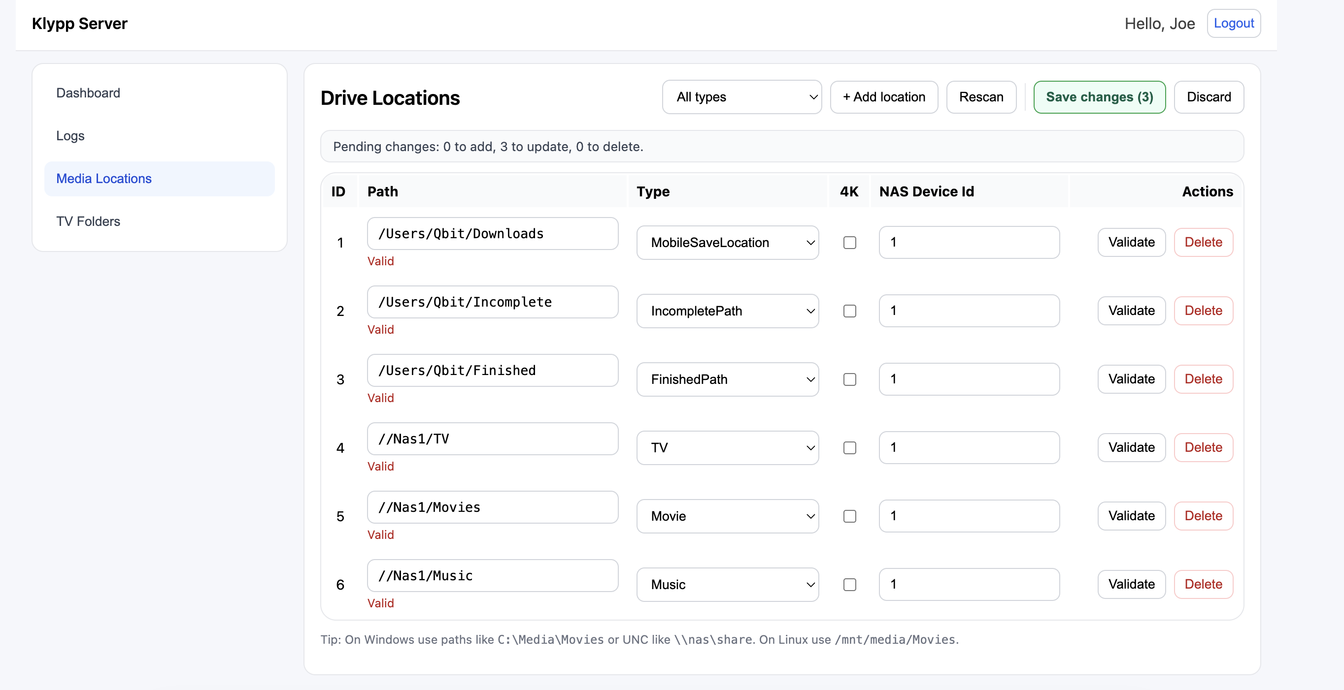 Server Drives configuration example