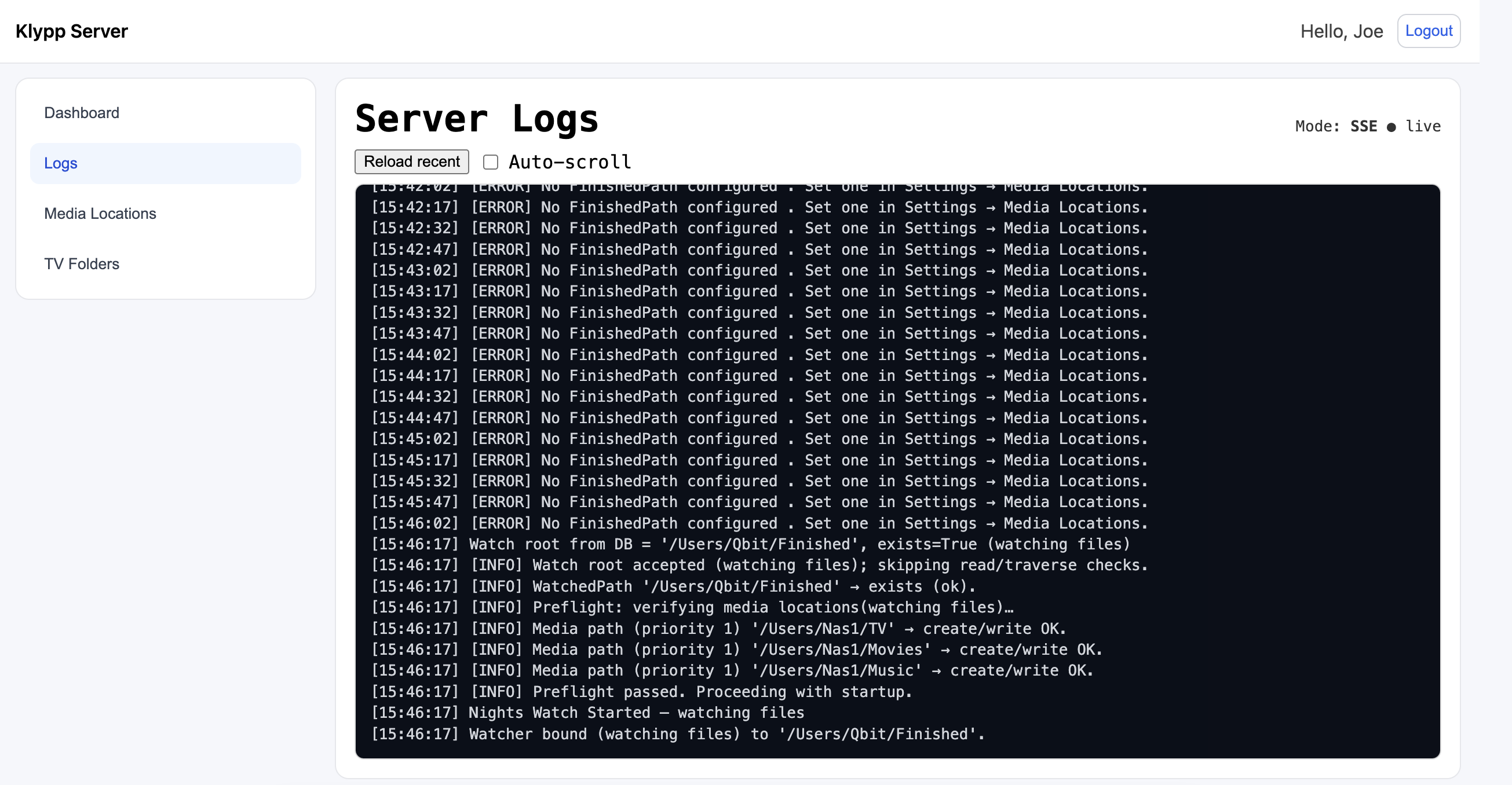 Server log output while scanning