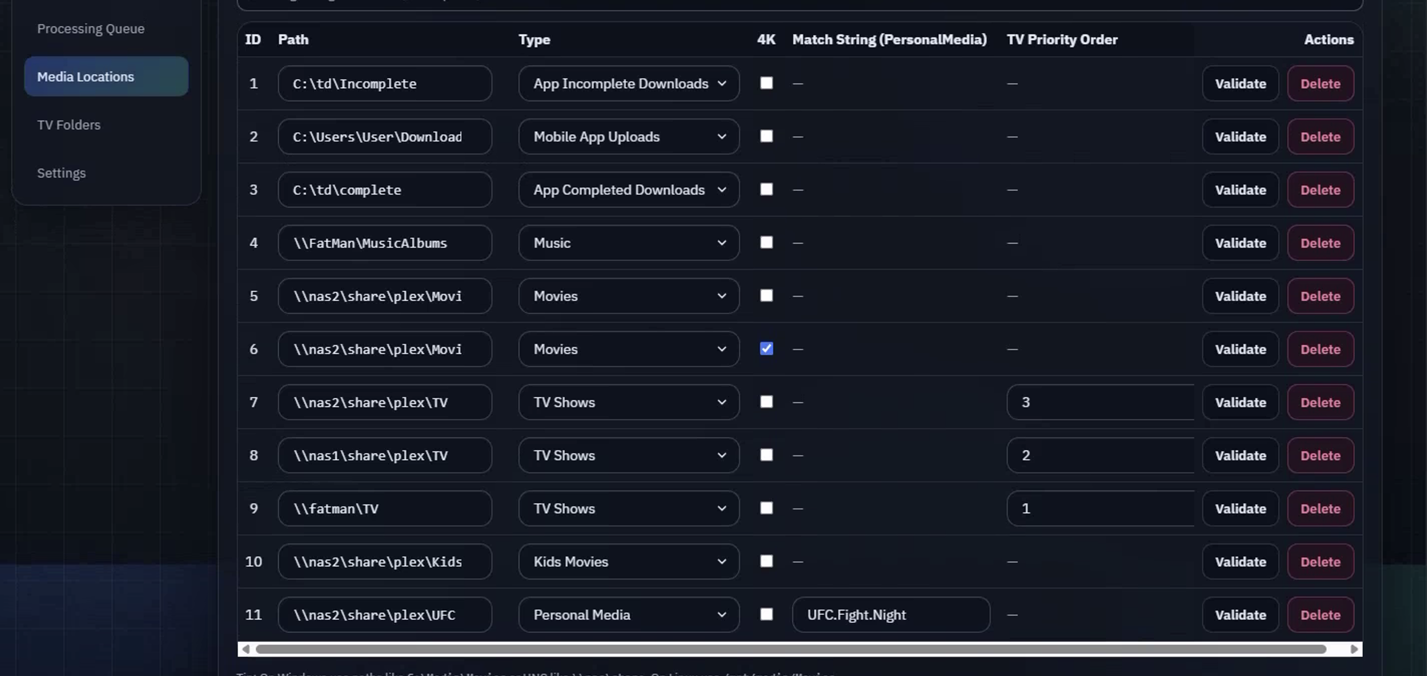 Klypp Server settings showing mobile uploads, incomplete downloads, completed downloads, and media destinations