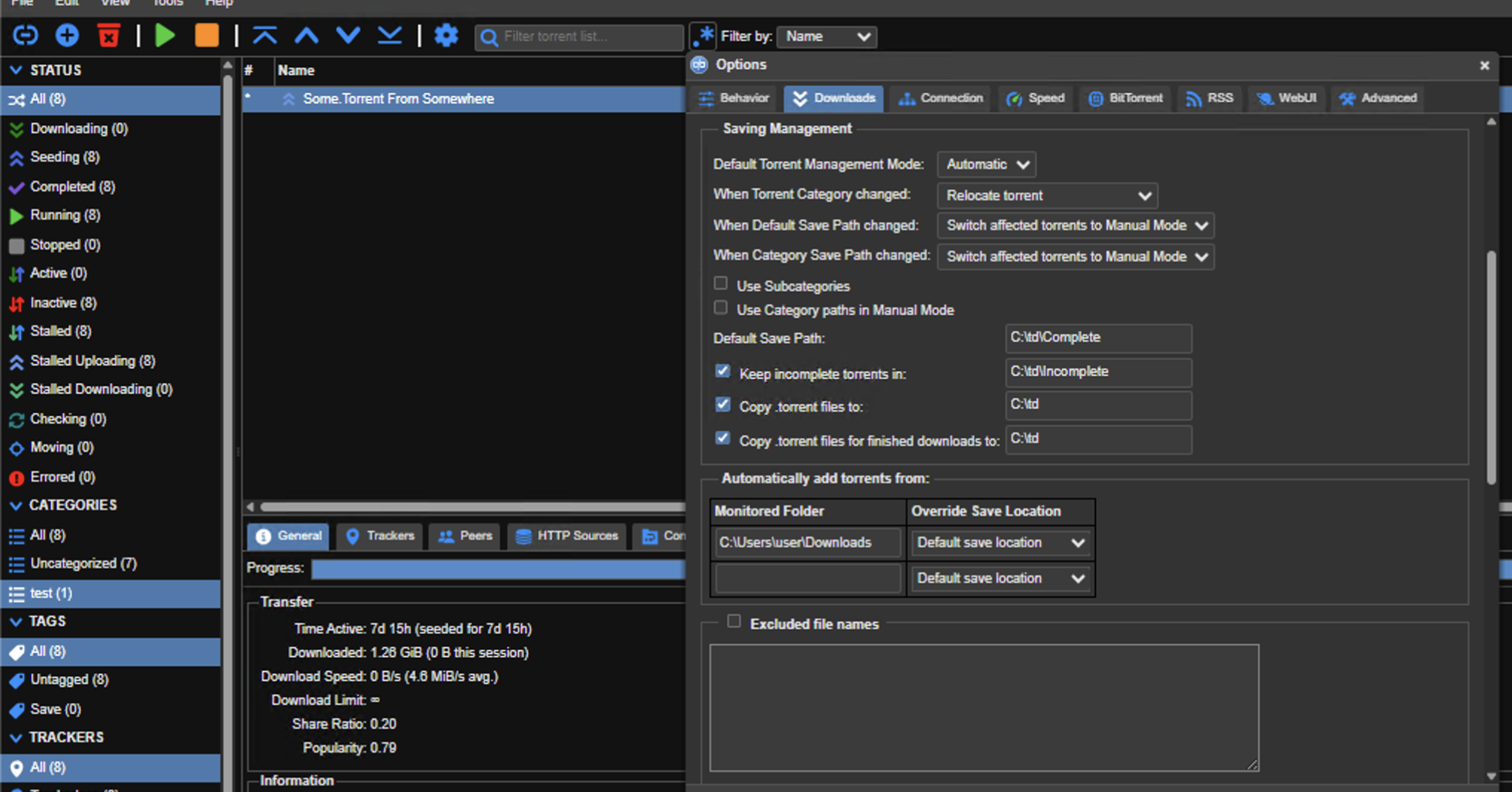 qBittorrent settings showing folders for watching torrent files and saving downloads