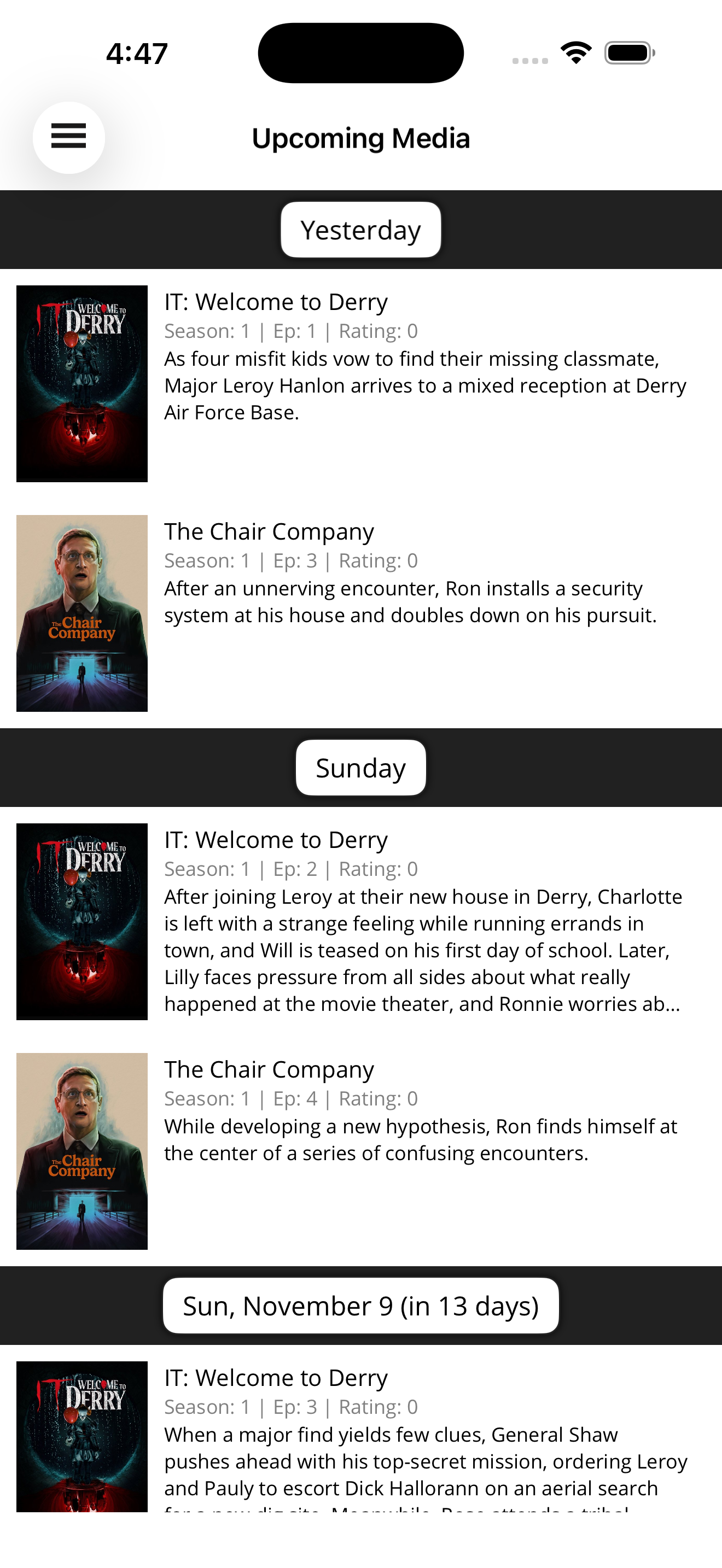 Upcoming Media screen